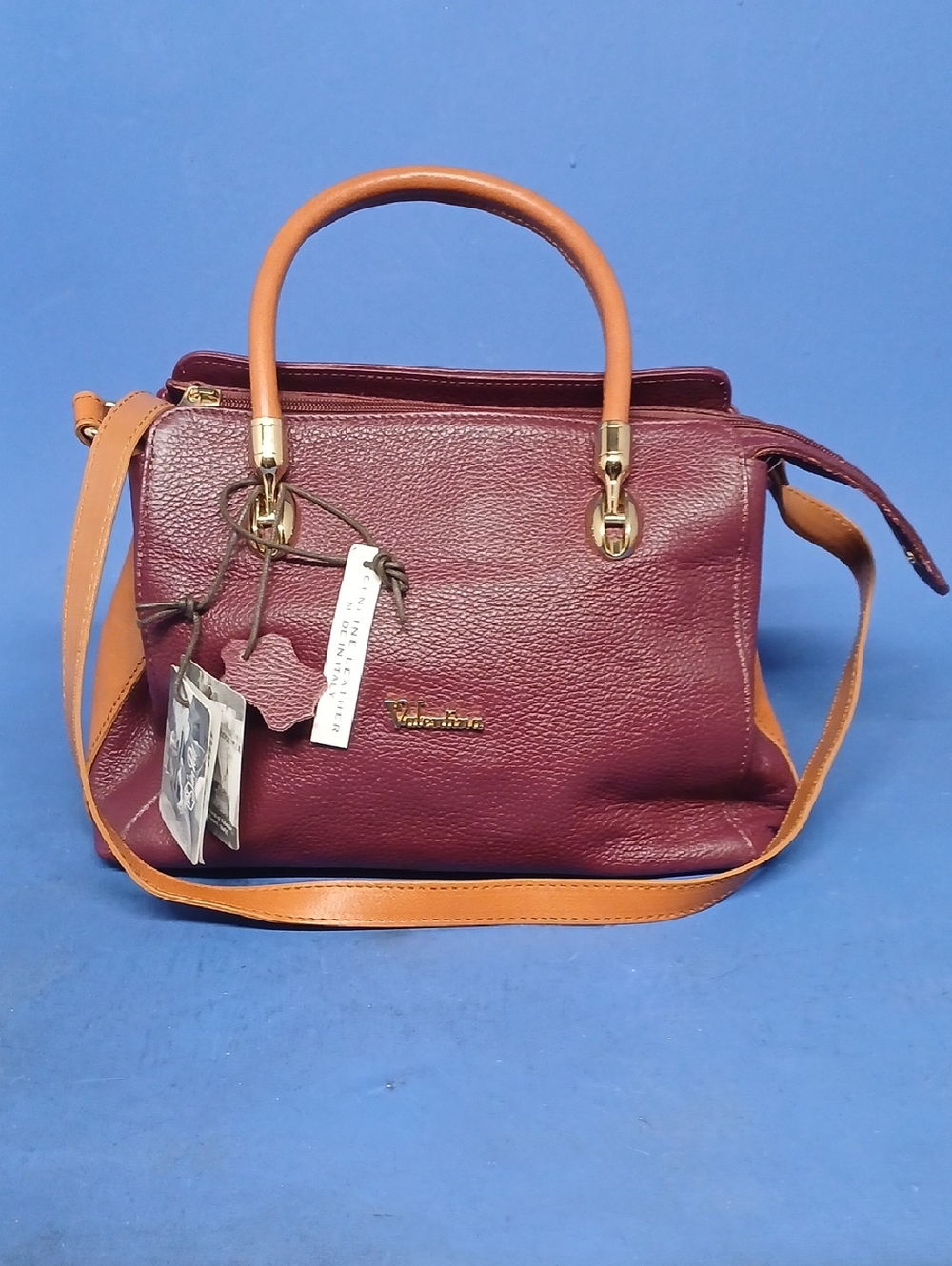 Valentina Burgundy & Tan Women’s Italian Leather Satchel Handbag Removable Strap